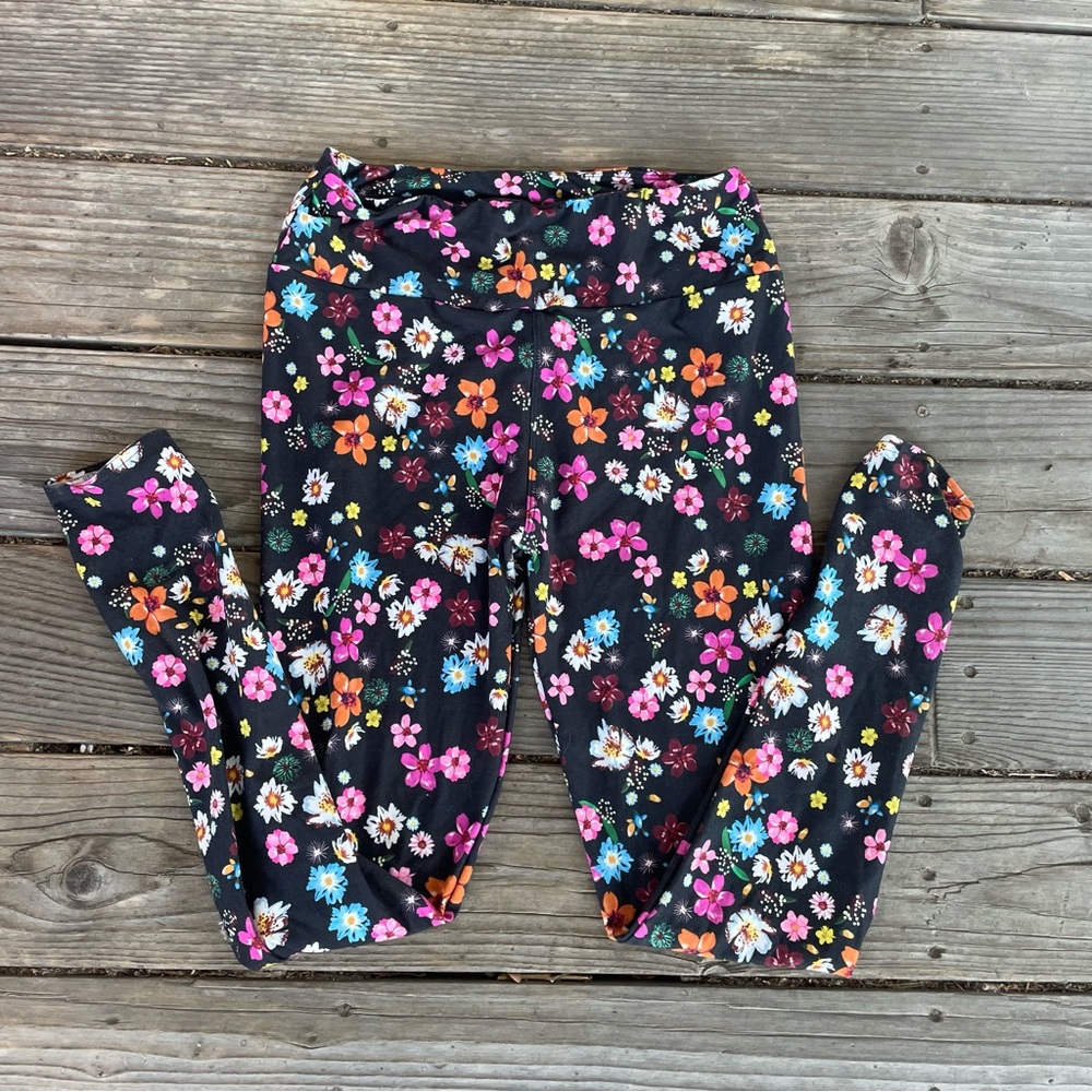 Leggings black with floral pattern women’s one size full length